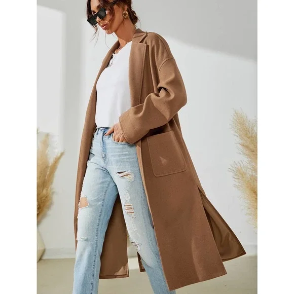 Camel tan brown pea coat Split Hem Overcoat - Picture 3 of 7